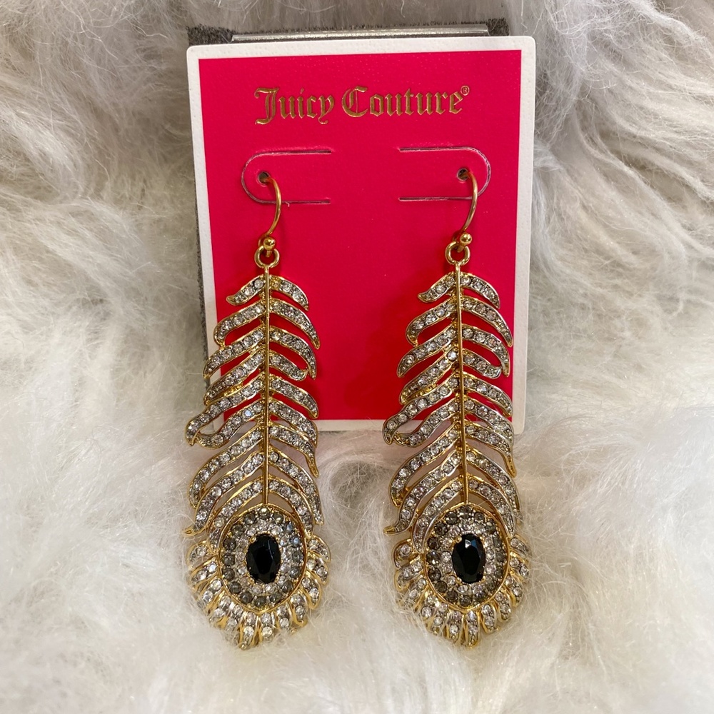 NWT Juicy Couture Oversized Feather Rhinestone Dangle Earrings Boho Chic